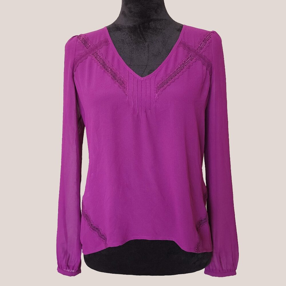 GUESS Vintage Sheer Purple Long Sleeve Top w/ Lace | V Neck Pink Blouse